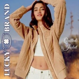 LUCKY BRAND Quilted Zip Front Stand Collar SOFT Cotton Tan Jacket-LG NWT